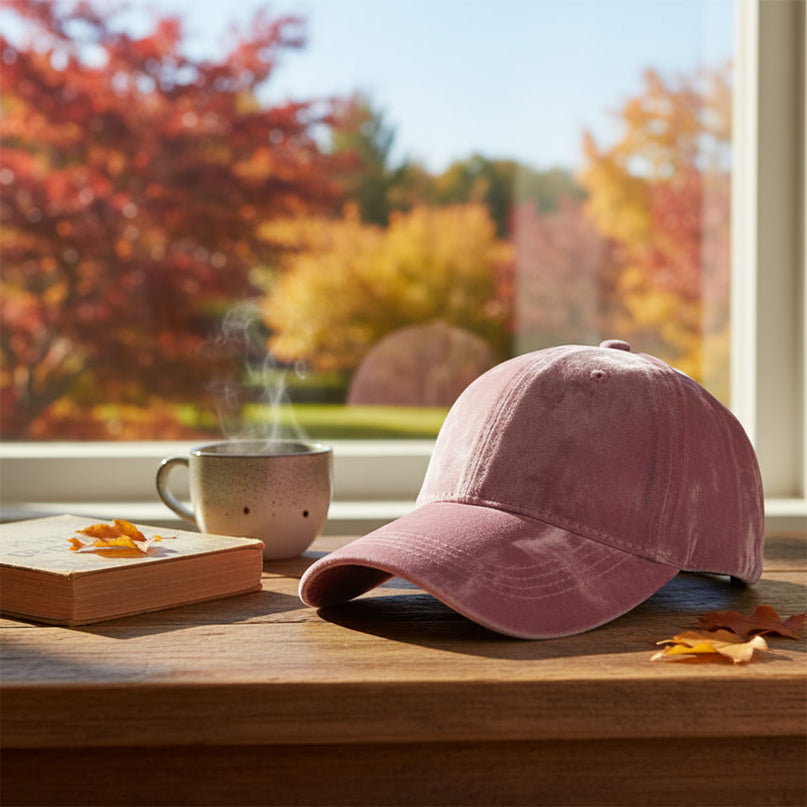 Casquette velours soie rose audacieuse poétique